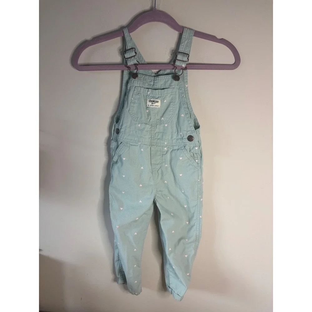 OshKosh Bgosh Kids Light Blue Pink Heart Print Vestbak Bib Overalls